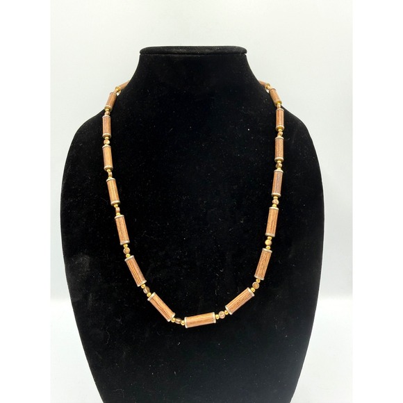 Trifari Jewelry - Vintage Trifari Wood Tube Bead Necklace Gold Tone Mixed Metal Earthy Boho 22"